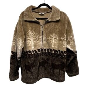 Black Mountain Fleece Jacket Mens Medium Brown Moose Tree Scenic Full Zip USA